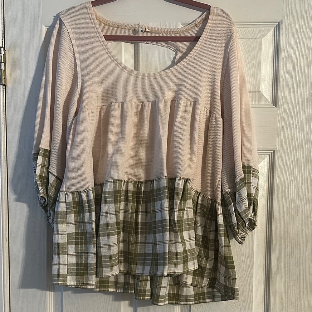 POL Plaid Patchwork Blouse - Cream and Green